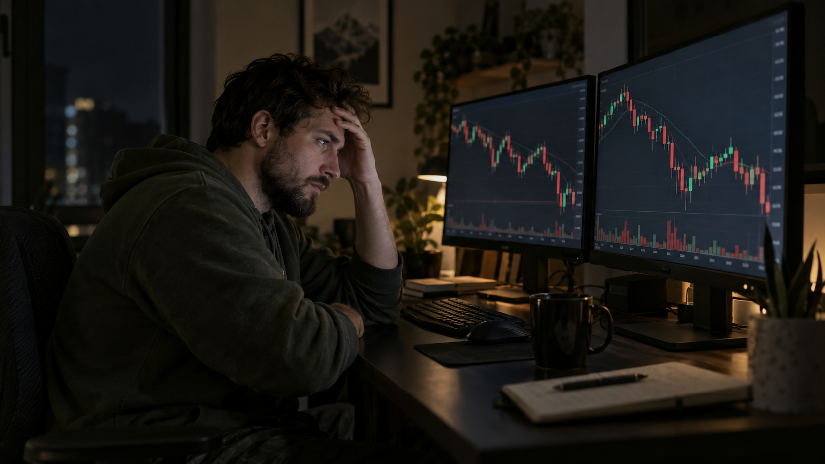 Illustrative scene of a tired trader watching charts late at night